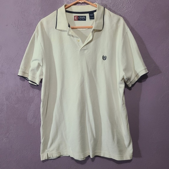 Chaps Other - Chaps Golf Polo Shirt Mens XL Cream Navy Trim Short Sleeve Cotton Textured